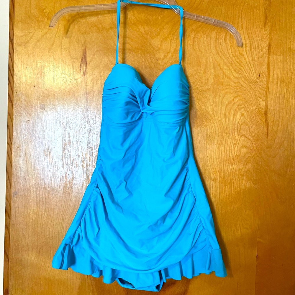 Blue one piece bathing suit with ruffle skirt and removable halter strap, Size 6